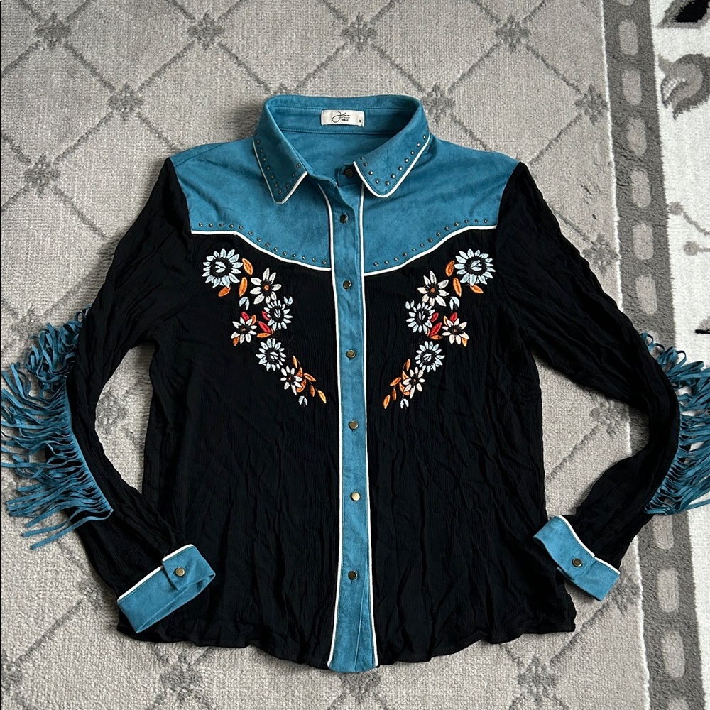 John Moon Floral Embroidered Button Down Western Shirt with Fringe